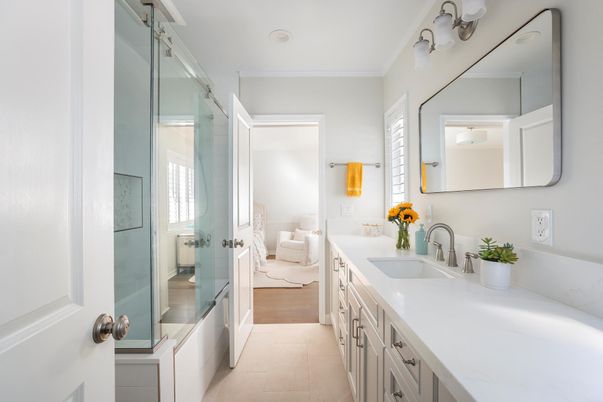 Bathroom, Dual Sink Vanities, Glass Shower, Interior, Wood Texture Flooring