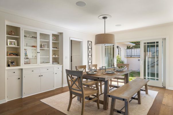 Dining room, Interior, Pendant Lights, Wood Texture Flooring