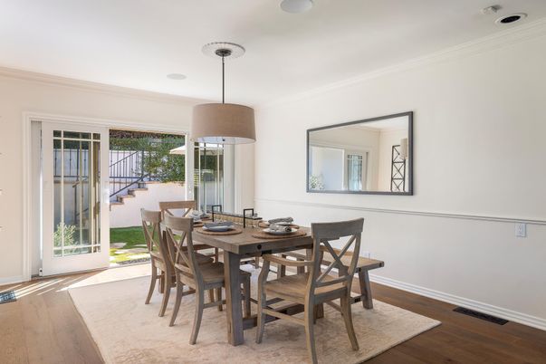 Dining room, Interior, Pendant Lights, Wood Texture Flooring