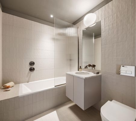 Bathroom, Interior, Recessed Lighting, Wood Texture Flooring