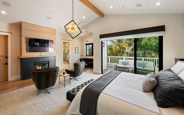 Bedroom, Fireplace, Interior, Pendant Lights, Recessed Lighting, Wooden Beams, Wood Texture Flooring
