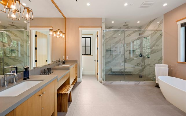 Bathroom, Dual Sink Vanities, Free Standing Baths, Glass Shower, Interior, Marble Walls, Recessed Lighting