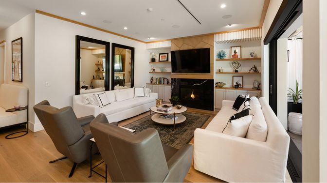 Fireplace, Interior, Living room, Recessed Lighting, Wood Texture Flooring