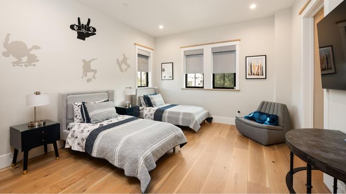 Bedroom, Interior, Recessed Lighting, Wood Texture Flooring