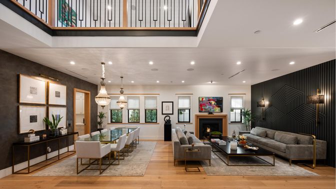 Dining room, Fireplace, Interior, Living room, Pendant Lights, Recessed Lighting, Wood Texture Flooring