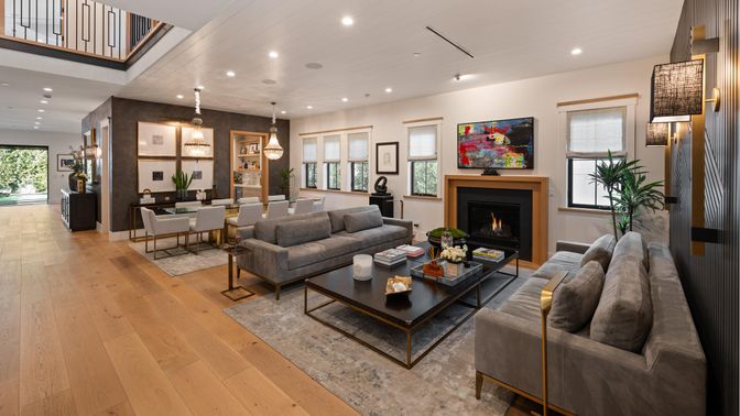 Dining room, Fireplace, Interior, Living room, Pendant Lights, Recessed Lighting, Wood Texture Flooring