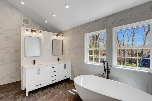 Bathroom, Dual Sink Vanities, Free Standing Baths, Interior, Marble Walls, Recessed Lighting