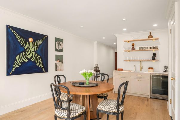 Dining room, Interior, Recessed Lighting, Wood Texture Flooring