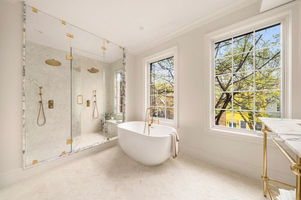 Bathroom, Free Standing Baths, Glass Shower, Interior, Marble Walls