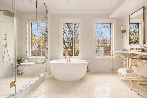 Bathroom, Free Standing Baths, Glass Shower, Interior, Marble Walls, Recessed Lighting