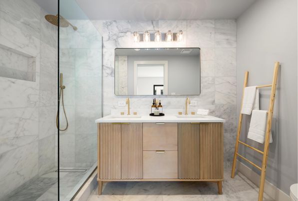 Bathroom, Dual Sink Vanities, Glass Shower, Interior, Marble, Marble Walls