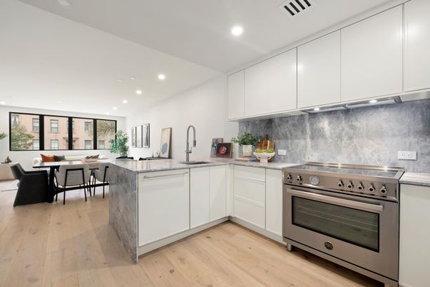 Dining room, Interior, Kitchen, Living room, Recessed Lighting, Stainless Steel Appliances, Wood Texture Flooring