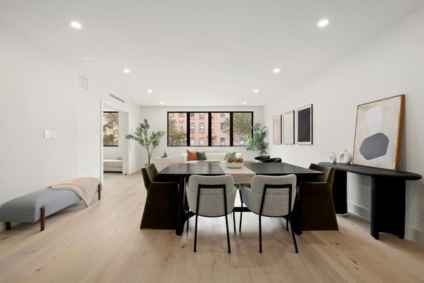 Dining room, Interior, Recessed Lighting, Wood Texture Flooring