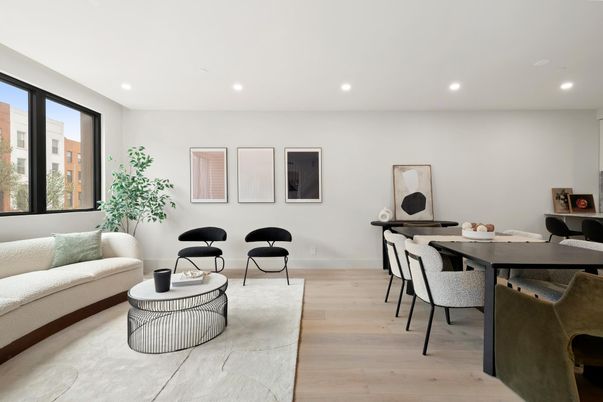 Dining room, Interior, Living room, Recessed Lighting, Wood Texture Flooring