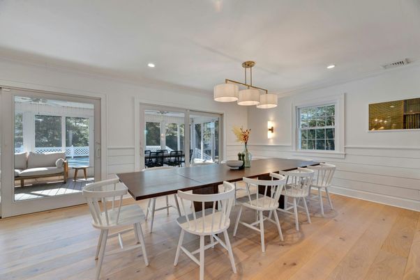 Dining room, Interior, Pendant Lights, Recessed Lighting, Wood Texture Flooring