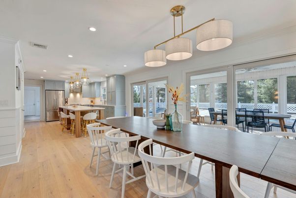 Dining room, Interior, Kitchen, Pendant Lights, Recessed Lighting, Stainless Steel Appliances, Wood Texture Flooring