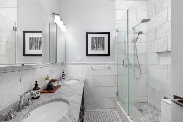 Bathroom, Dual Sink Vanities, Glass Shower, Interior, Marble Walls