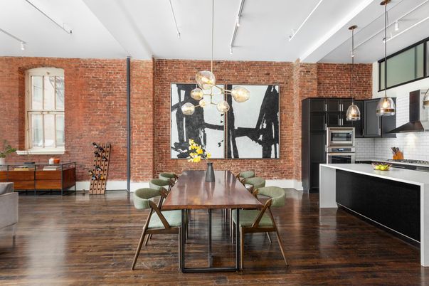 Dining room, Interior, Kitchen, Pendant Lights, Stainless Steel Appliances, Stone Walls, Wood Texture Flooring