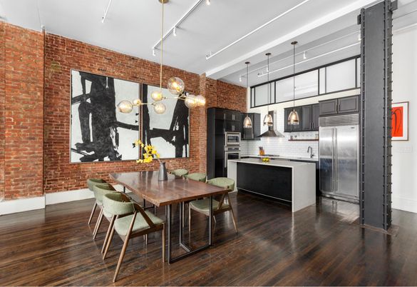 Dining room, Interior, Kitchen, Pendant Lights, Stainless Steel Appliances, Stone Walls, Wood Texture Flooring