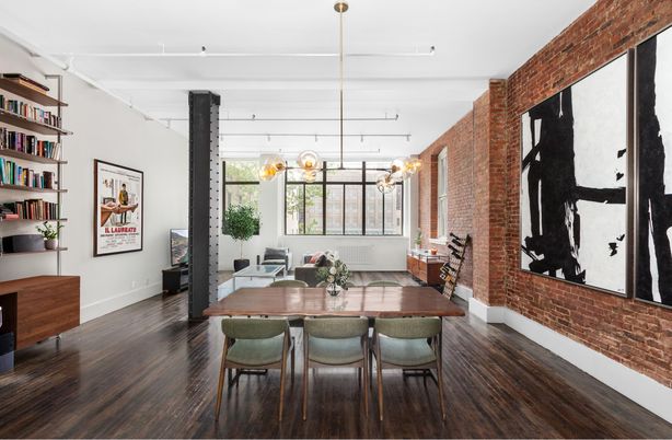 Dining room, Interior, Pendant Lights, Stone Walls, Wood Texture Flooring