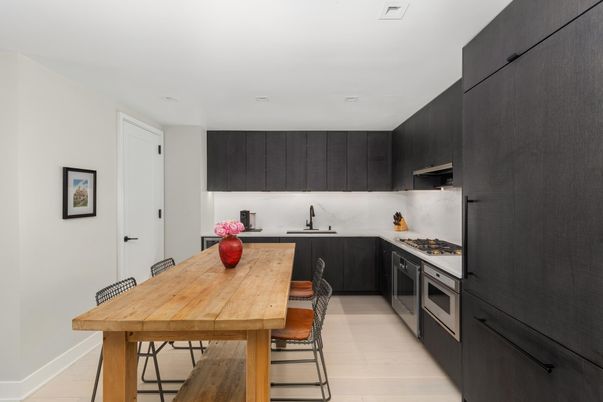 Dining room, Interior, Kitchen, Recessed Lighting, Stainless Steel Appliances, Wood Texture Flooring