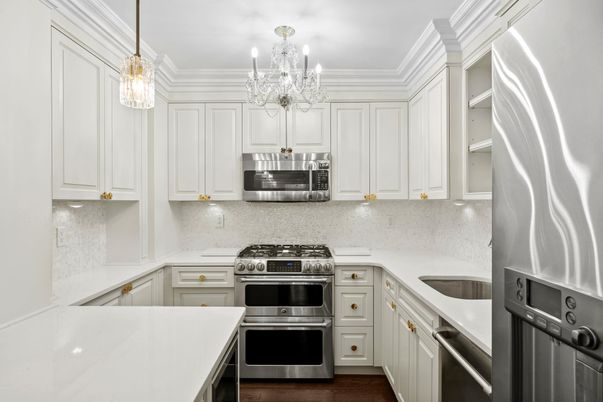 Chandelier, Interior, Kitchen, Pendant Lights, Stainless Steel Appliances, Wood Texture Flooring