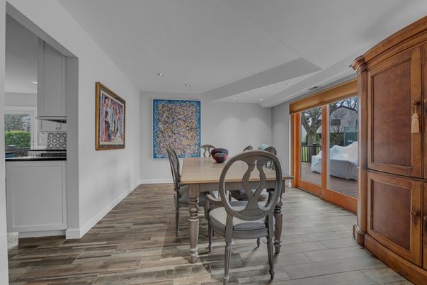 Dining room, Interior, Recessed Lighting, Wood Texture Flooring
