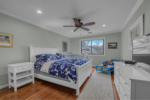 Bedroom, Interior, Recessed Lighting, Wood Texture Flooring