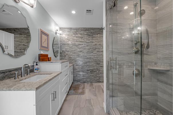 Bathroom, Dual Sink Vanities, Glass Shower, Interior, Recessed Lighting, Wood Texture Flooring