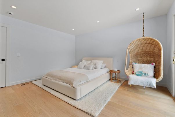 Bedroom, Interior, Pendant Lights, Recessed Lighting, Wood Texture Flooring