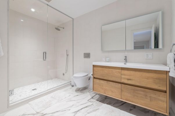 Bathroom, Glass Shower, Interior, Marble, Recessed Lighting