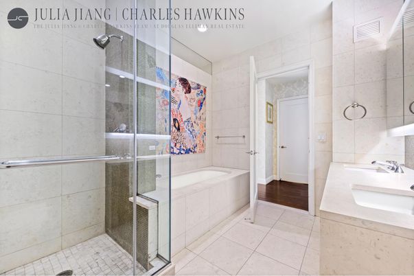 Bathroom, Glass Shower, Interior, Recessed Lighting, Wood Texture Flooring