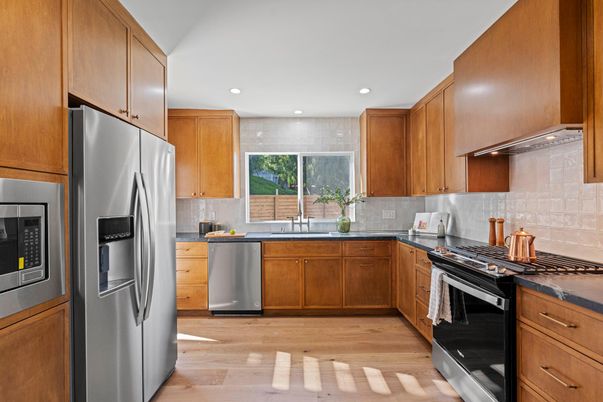 Interior, Kitchen, Recessed Lighting, Stainless Steel Appliances, Wood Texture Flooring