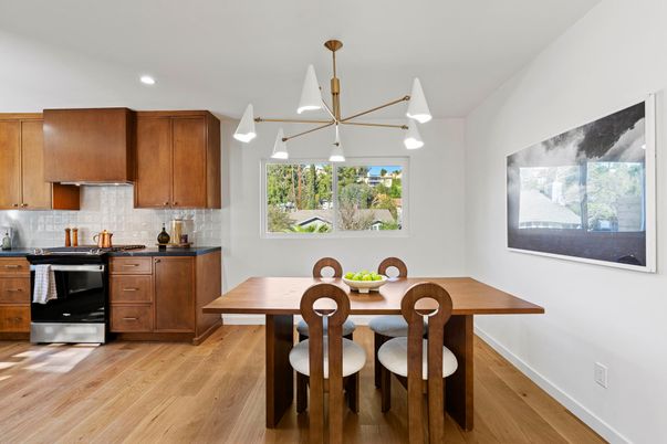 Dining room, Interior, Kitchen, Pendant Lights, Recessed Lighting, Wood Texture Flooring