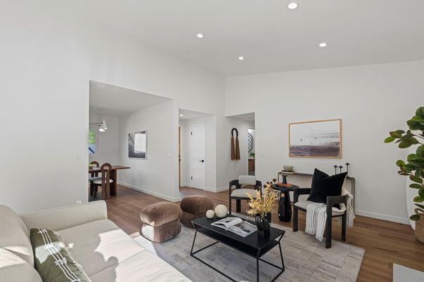 Dining room, Interior, Living room, Recessed Lighting, Wood Texture Flooring