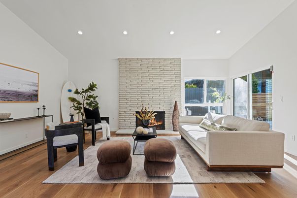 Fireplace, Interior, Living room, Recessed Lighting, Stone Walls, Wood Texture Flooring