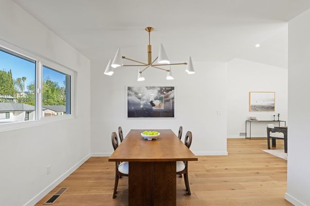 Dining room, Interior, Pendant Lights, Recessed Lighting, Wood Texture Flooring