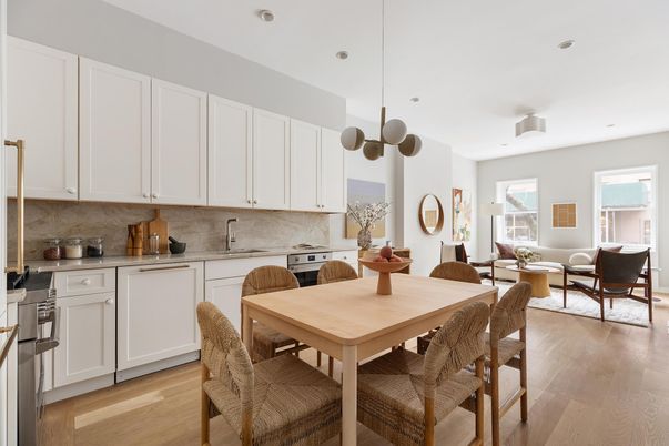 Dining room, Interior, Kitchen, Living room, Pendant Lights, Recessed Lighting, Stainless Steel Appliances, Wood Texture Flooring