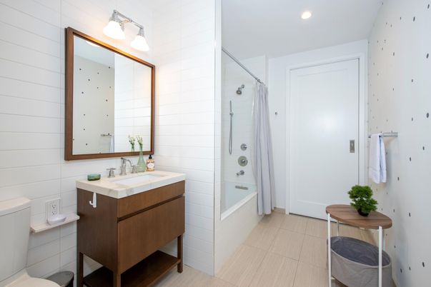 Bathroom, Glass Shower, Interior, Recessed Lighting, Tile Countertops