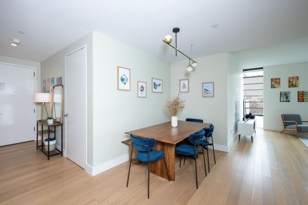 Dining room, Interior, Pendant Lights, Recessed Lighting, Wood Texture Flooring