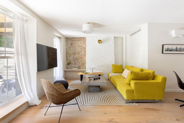 Interior, Living room, Stone Walls, Wood Texture Flooring