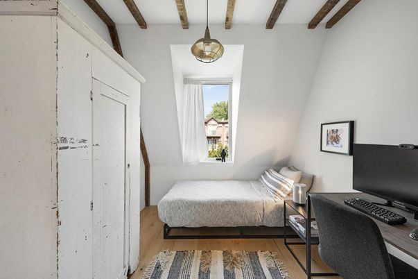 Bedroom, Interior, Pendant Lights, Wooden Beams, Wood Texture Flooring