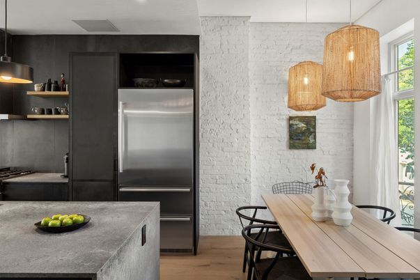 Interior, Kitchen, Pendant Lights, Stainless Steel Appliances, Stone Walls, Wood Texture Flooring
