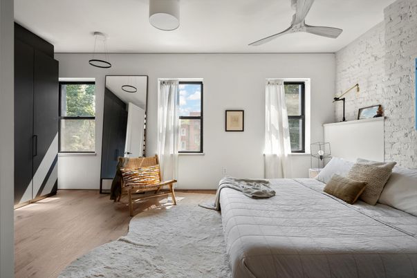 Bedroom, Interior, Pendant Lights, Stone Walls, Wood Texture Flooring