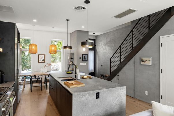Dining room, Interior, Kitchen, Pendant Lights, Recessed Lighting, Wood Texture Flooring