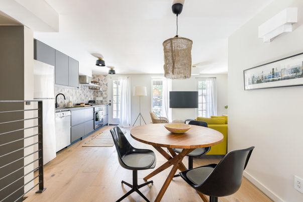 Dining room, Interior, Kitchen, Stainless Steel Appliances, Wood Texture Flooring