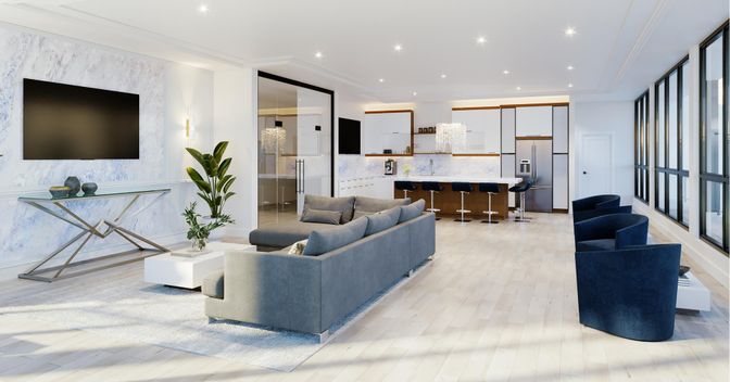 Interior, Kitchen, Living room, Marble Walls, Recessed Lighting, Wood Texture Flooring