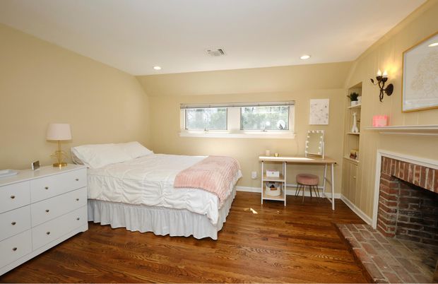 Bedroom, Fireplace, Home Office, Interior, Recessed Lighting, Wood Texture Flooring