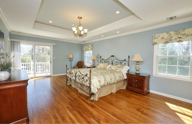 Bedroom, Chandelier, Interior, Recessed Lighting, Wood Texture Flooring
