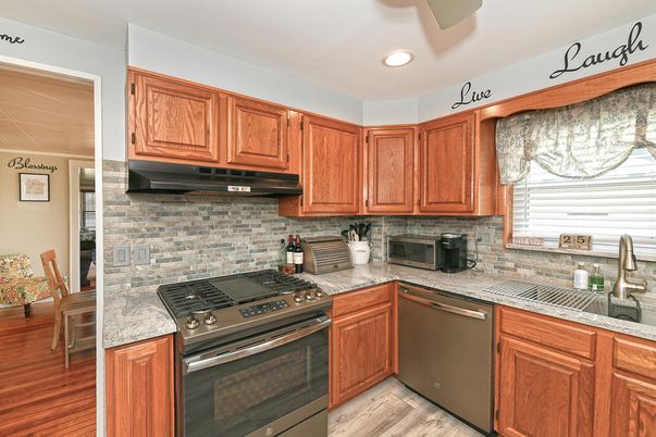Interior, Kitchen, Recessed Lighting, Stainless Steel Appliances, Stone Walls, Wood Texture Flooring